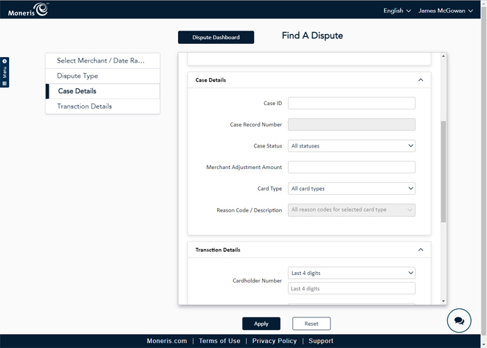 The Case Details section of the Find a Dispute screen enables you to refine your search for disputes. 